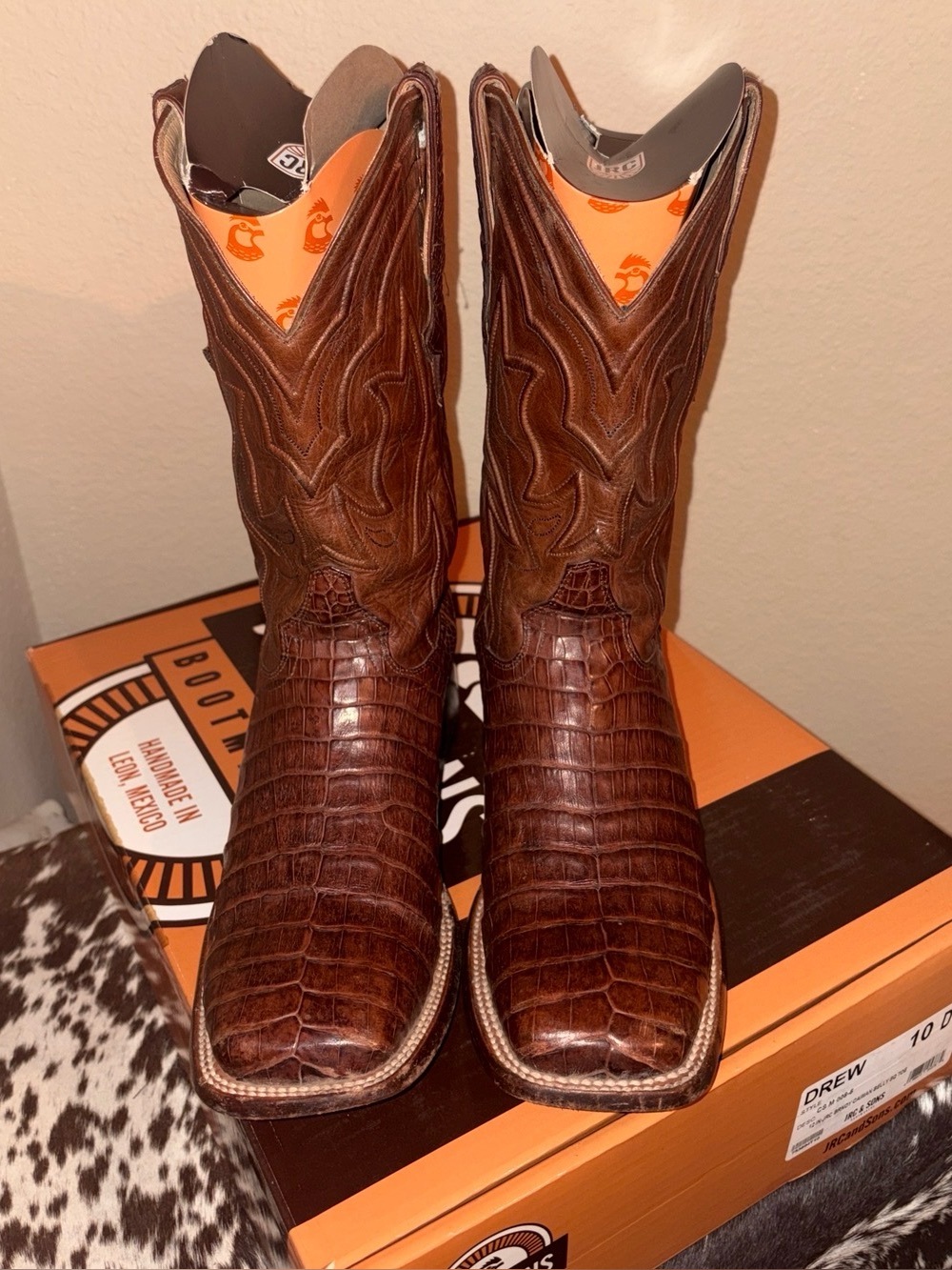 JRC & Sons Hand-crafted size 10 Men’s  Square Toe Western Boot in Brandy Caiman.